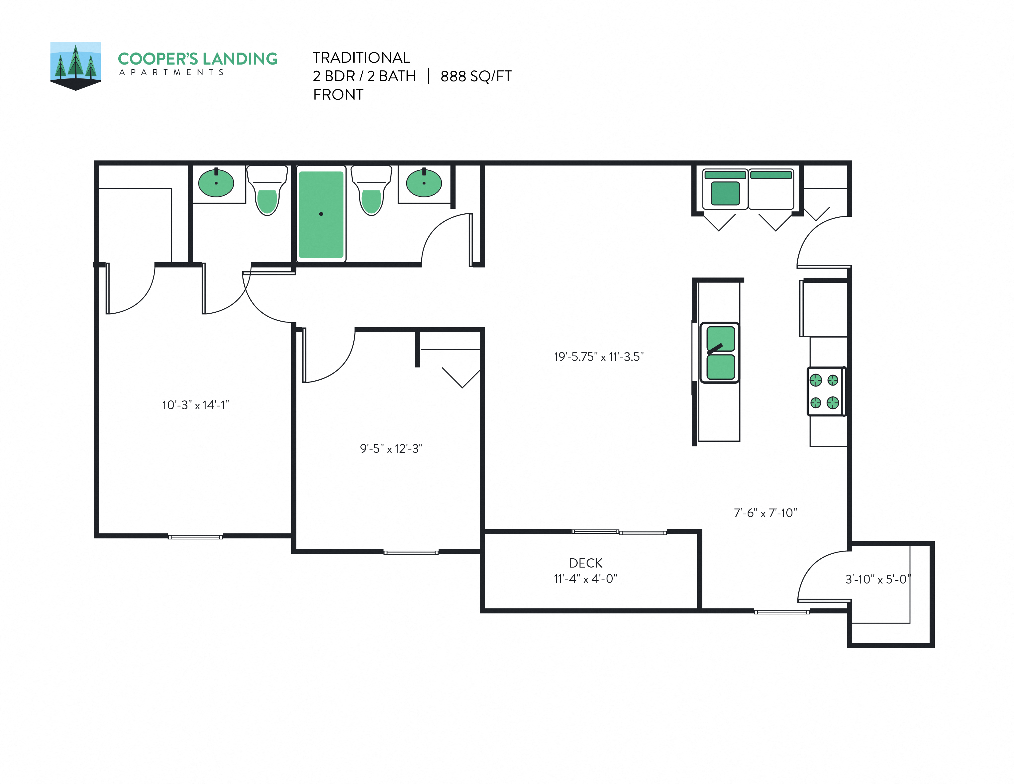 Floor plan for 2 beds, 1.5 baths, 888 sqft